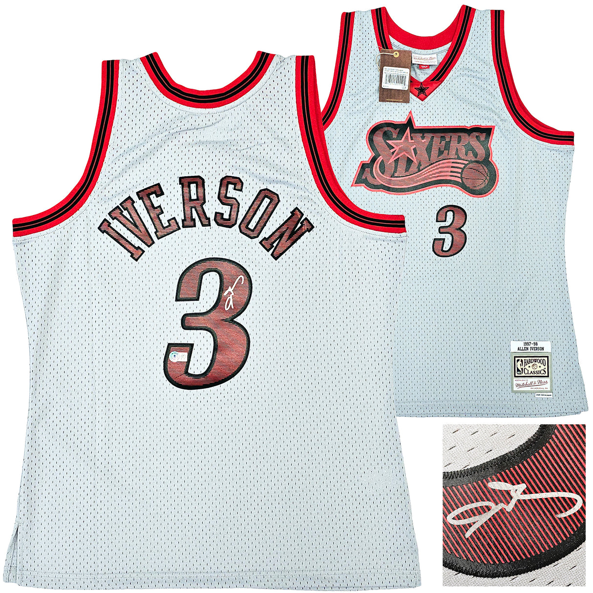 Philadelphia 76ers Allen Iverson Autographed Grey Authentic Mitchell & Ness 1997-98 HWC Swingman Jersey Size L Beckett BAS Witness Stock #220428