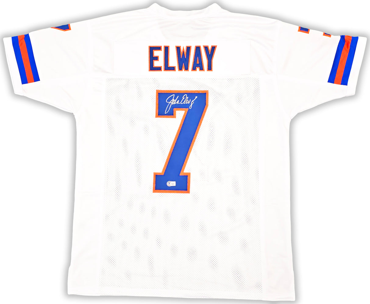 Denver Broncos John Elway Autographed White Jersey Beckett BAS Witness Stock #220369