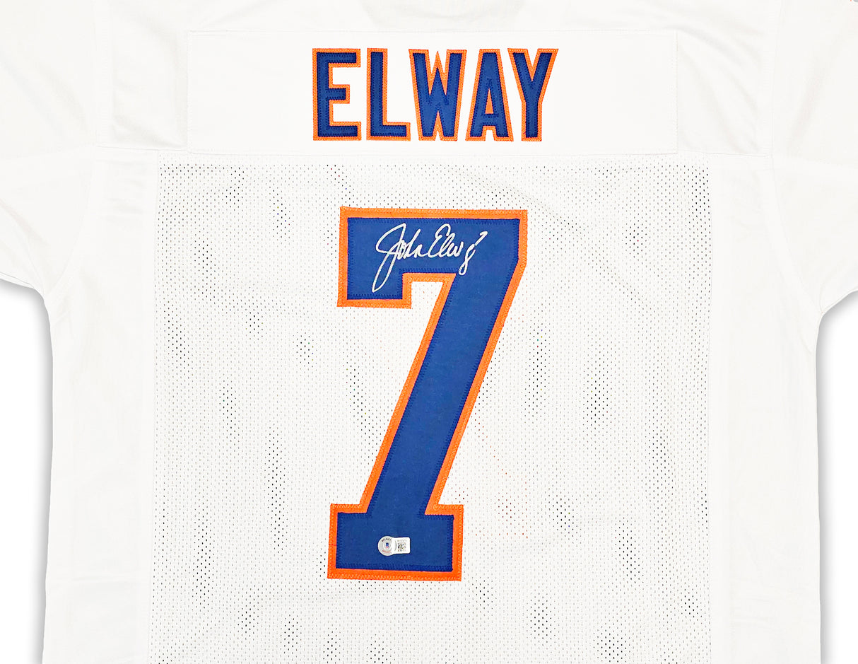 Denver Broncos John Elway Autographed White Jersey Beckett BAS Witness Stock #220369