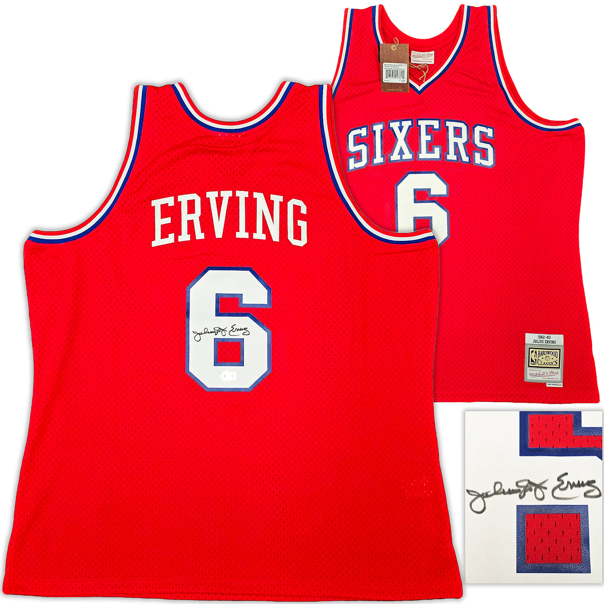 Philadelphia 76ers Julius "Dr. J" Erving Autographed Red Authentic Mitchell & Ness 1982-83 HWC Swingman Jersey Size XXL Beckett BAS Witness Stock #220408