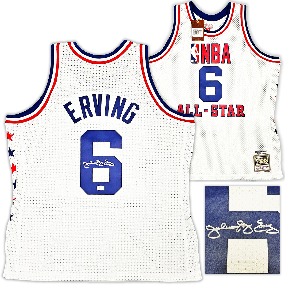 Philadelphia 76ers Julius "Dr. J" Erving Autographed White Authentic Mitchell & Ness 2-10-1985 HWC Swingman All Star Jersey Size XXL Beckett BAS Witness Stock #220410