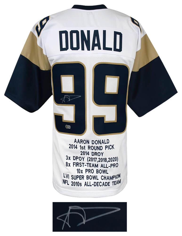Aaron Donald Signed White Custom Embroidered Stat Football Jersey - (Beckett)