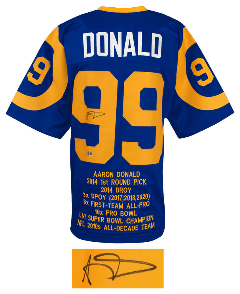 Aaron Donald Signed Blue Throwback Custom Embroidered Stat Football Jersey - (Beckett)