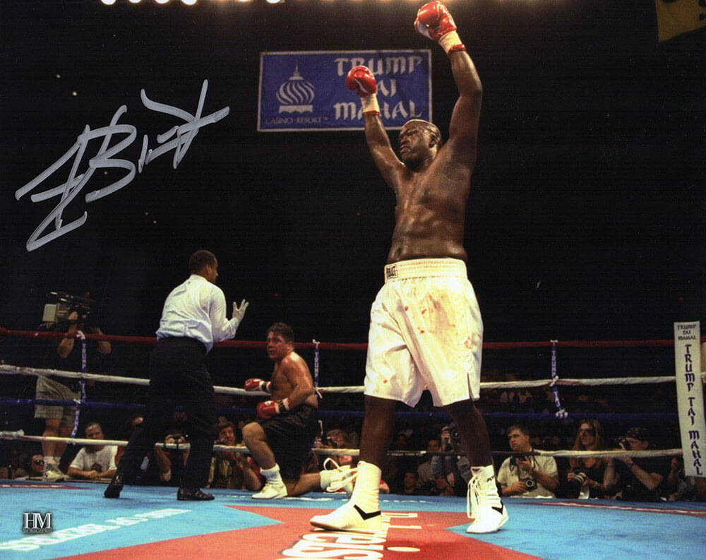 James Buster Douglas Signed Boxing Arms In Air White Trunks 8x10 Photo
