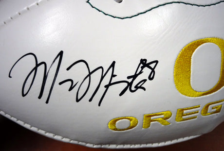 Marcus Mariota Autographed White Logo Football Oregon Ducks MM Holo Stock #89835