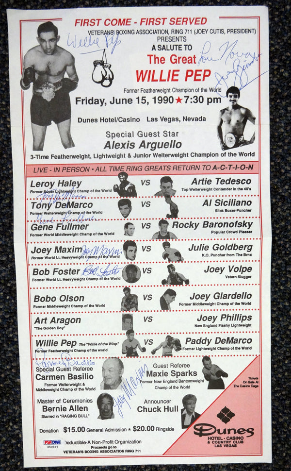 Boxing Greats Autographed 9x16 Program With 9 Total Signatures Including Willie Pep, Gene Fullmer & Joey Maxim PSA/DNA #S50834