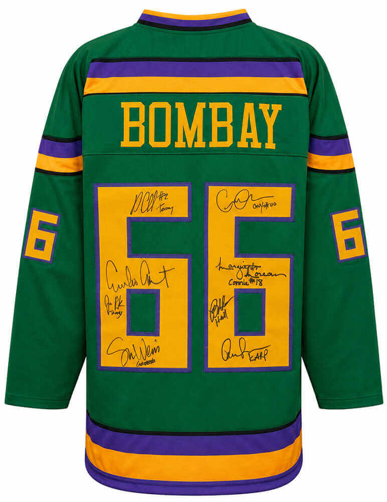 The Mighty Ducks Cast Signed Bombay #66 Green Custom Hockey Jersey (Emilio Estevez + 7 Signatures - w/Character Names)