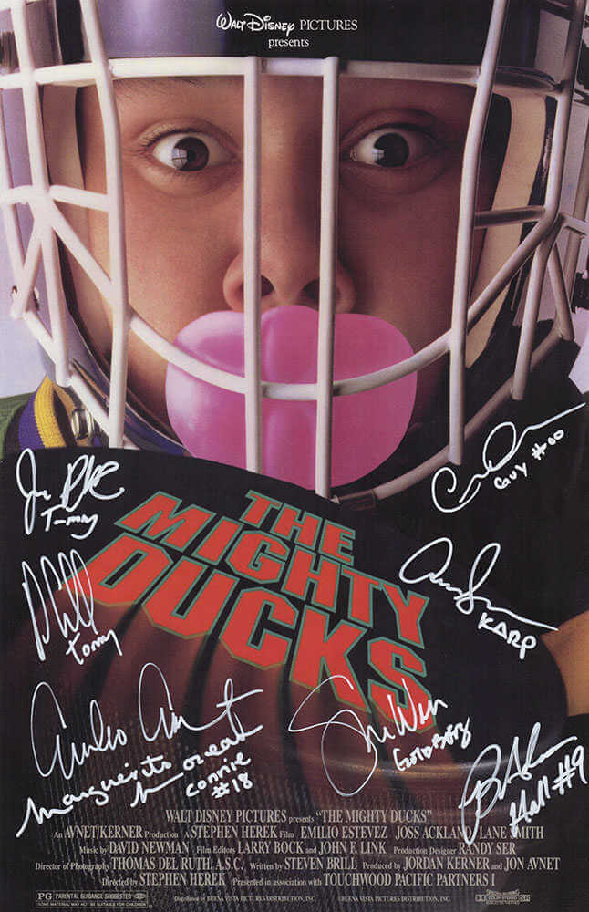 The Mighty Ducks Cast Signed 11x17 (Goldberg Image) Movie Poster (Emilio Estevez + 7 Signatures - w/Character Names)