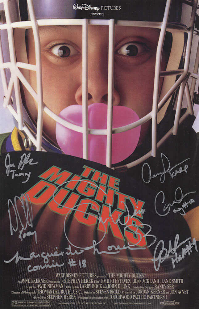 The Mighty Ducks Cast Signed 11x17 The Migty Ducks (Goldberg Image) Movie Poster (7 Signatures - w/Character Names)