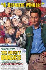 Mighty Ducks Cast Signed The Mighty Ducks 27x40 Full Size Movie Poster (Emilio Estevez + 7 Signatures - w/Character Names)