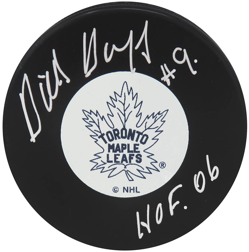 Dick Duff Signed Maple Leafs T/B Medium Logo Hockey Puck w/HOF'06