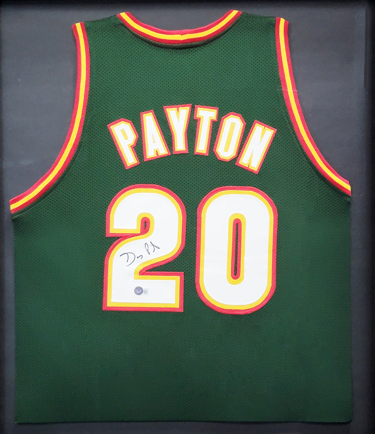 Seattle Supersonics Gary Payton Autographed Framed Green & Red Jersey Beckett BAS Stock #206947