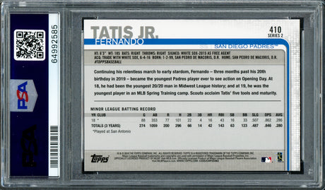 Fernando Tatis Jr. Autographed 2019 Topps Rookie Card #410 San Diego Padres PSA 9 Auto Grade Mint 9 PSA/DNA #64992585