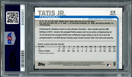 Fernando Tatis Jr. Autographed 2019 Topps Rookie Card #410 San Diego Padres PSA 9 Auto Grade Mint 9 PSA/DNA #64992551