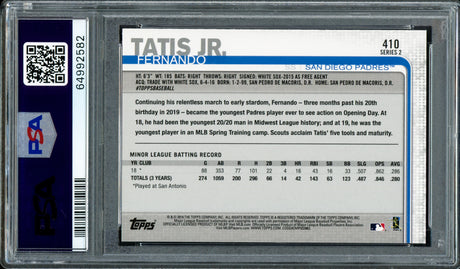 Fernando Tatis Jr. Autographed 2019 Topps Rookie Card #410 San Diego Padres PSA 8 Auto Grade Gem Mint 10 PSA/DNA #64992582