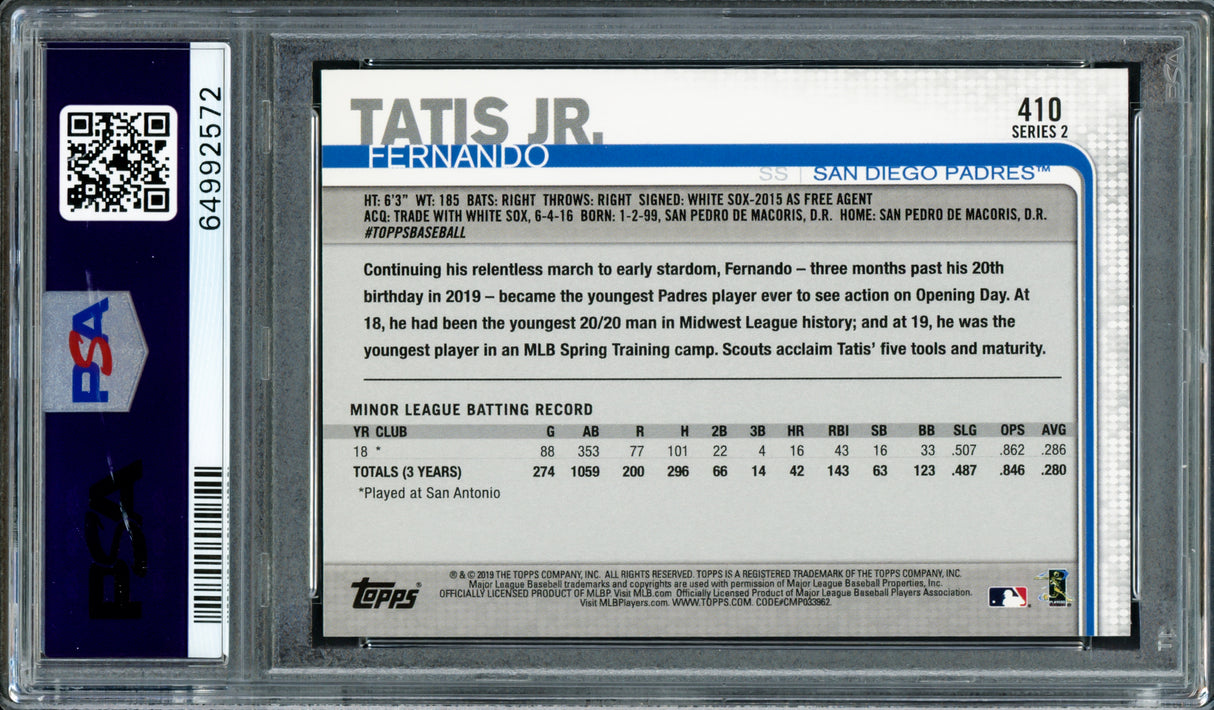 Fernando Tatis Jr. Autographed 2019 Topps Rookie Card #410 San Diego Padres PSA 8 Auto Grade Gem Mint 10 PSA/DNA #64992572