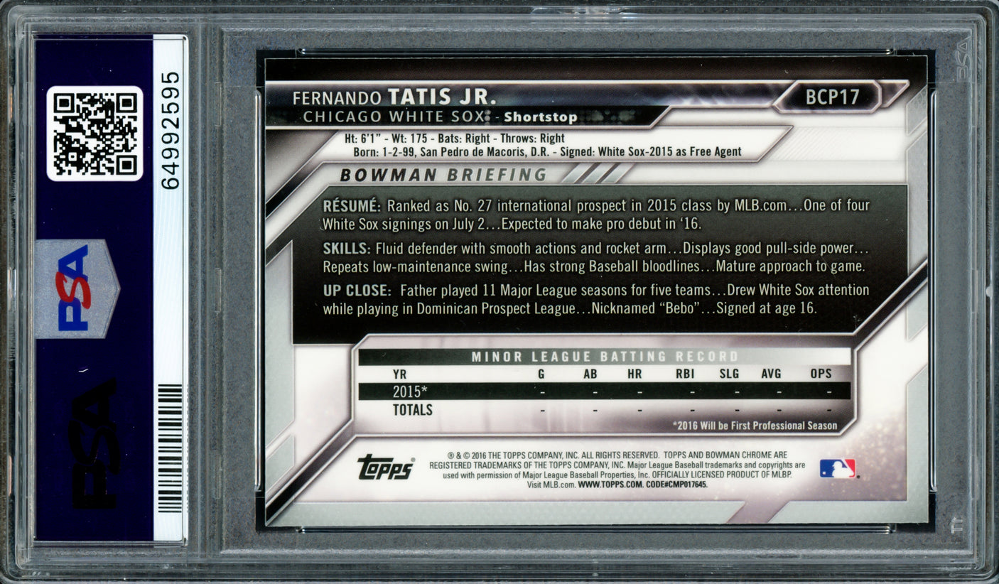 Fernando Tatis Jr. Autographed 2016 Bowman Chrome Rookie Card #BCP17 San Diego Padres PSA 9 Auto Grade Gem Mint 10 PSA/DNA #64992595