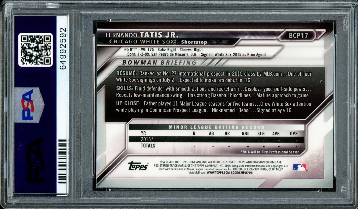 Fernando Tatis Jr. Autographed 2016 Bowman Chrome Rookie Card #BCP17 San Diego Padres PSA 9 Auto Grade Gem Mint 10 PSA/DNA #64992592