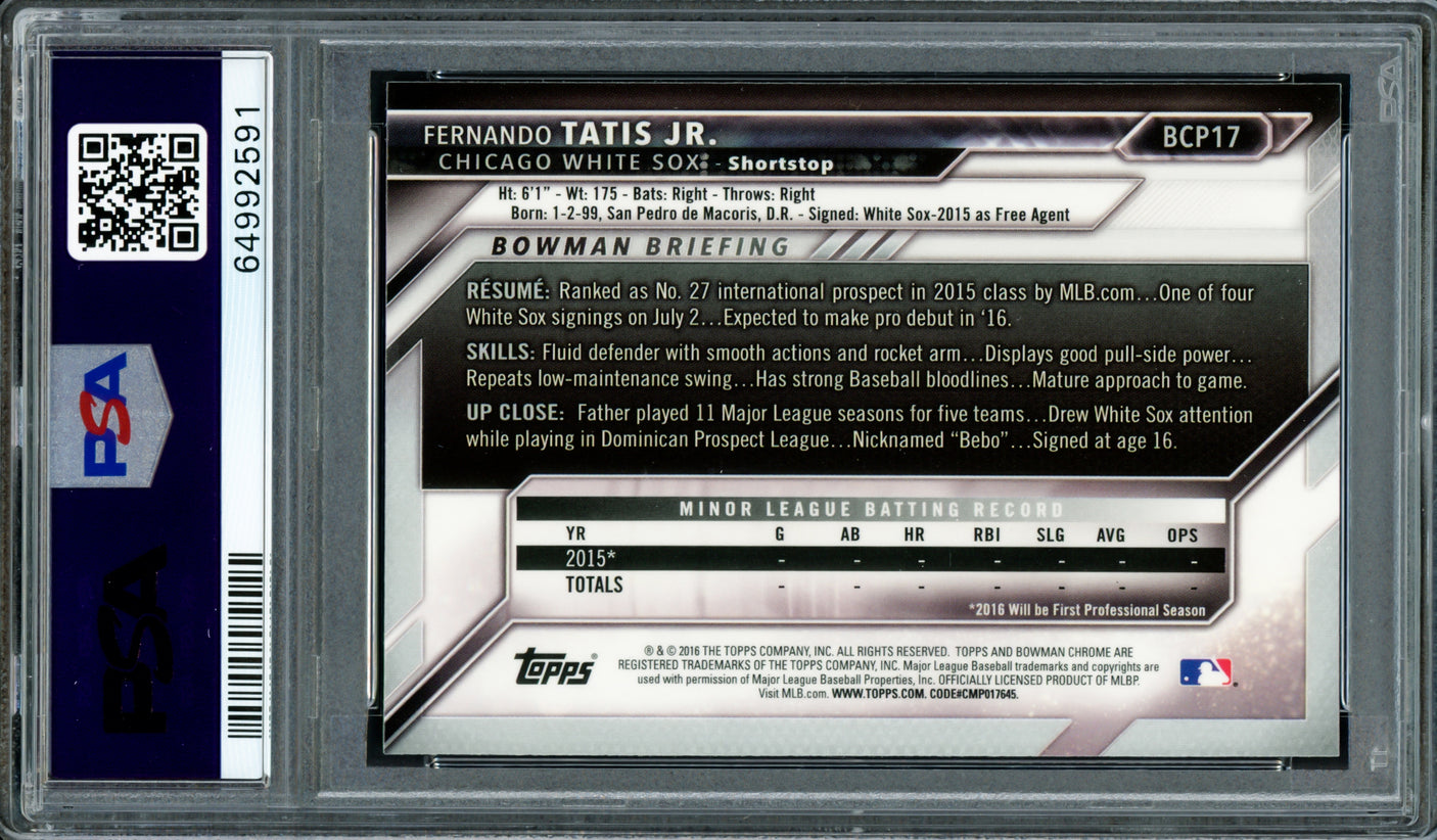 Fernando Tatis Jr. Autographed 2016 Bowman Chrome Rookie Card #BCP17 San Diego Padres PSA 9 Auto Grade Mint 9 PSA/DNA #64992591