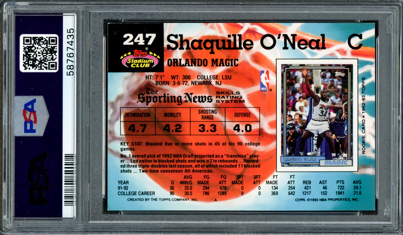 Shaquille "Shaq" O'Neal Autographed 1992 Stadium Rookie Card #247 Orlando Magic PSA 9 Auto Grade Mint 9 PSA/DNA #58767435
