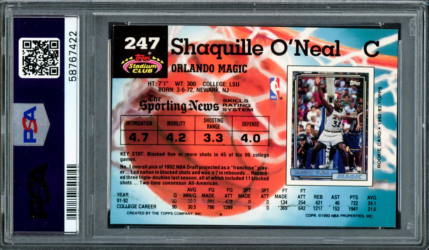 Shaquille "Shaq" O'Neal Autographed 1992 Stadium Rookie Card #247 Orlando Magic PSA 8 Auto Grade Gem Mint 10 PSA/DNA Stock #207359