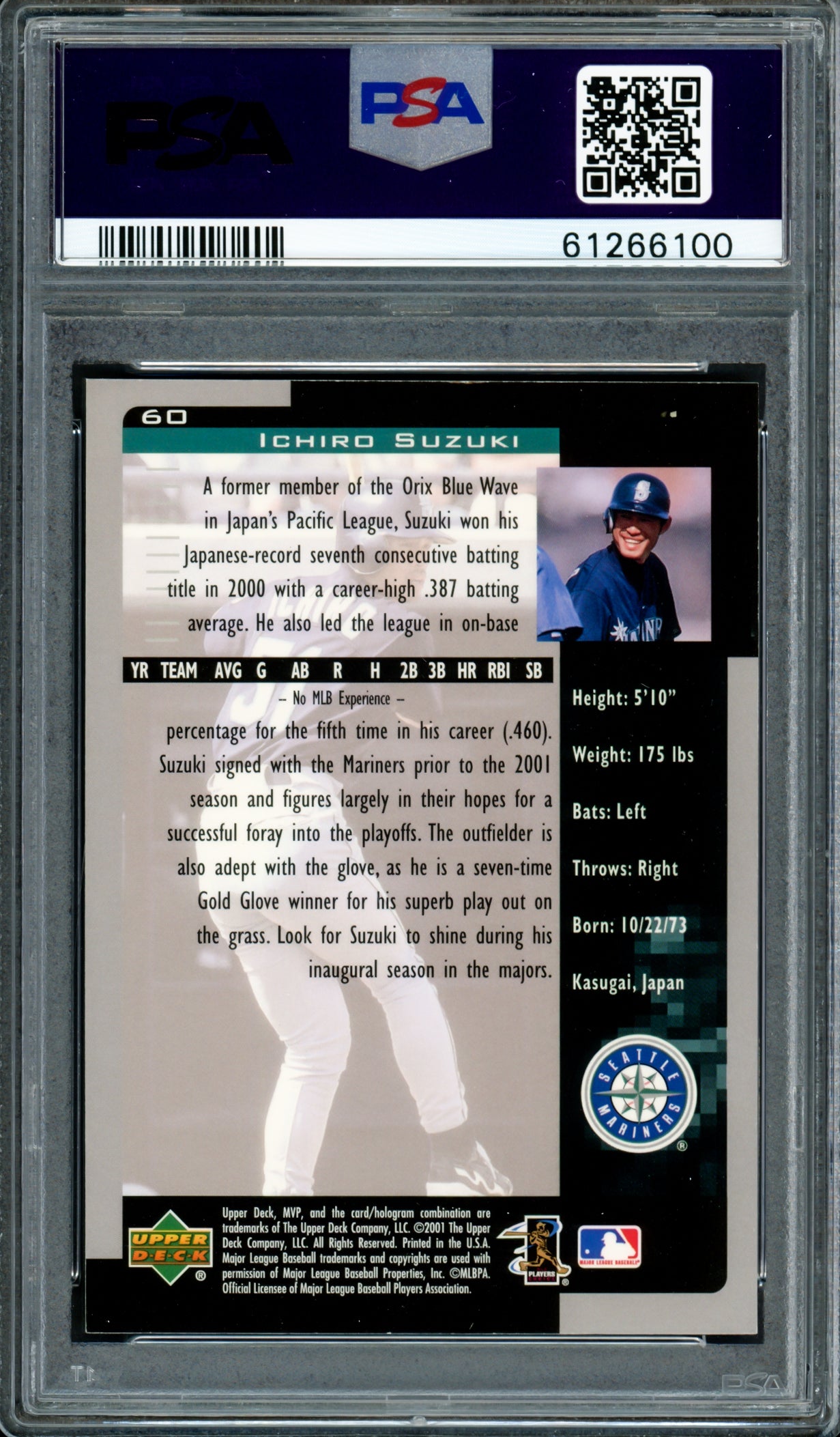 Ichiro Suzuki Autographed 2001 Upper Deck MVP Rookie Card #60 Seattle Mariners PSA 9 Auto Grade Gem Mint 10 Highest Graded PSA/DNA #61266100