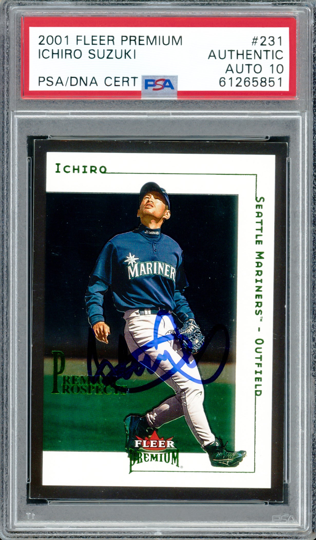 Ichiro Suzuki Autographed 2001 Fleer Premium Rookie Card #231 Seattle Mariners Auto Grade Gem Mint 10 #238/1999 PSA/DNA #61265851