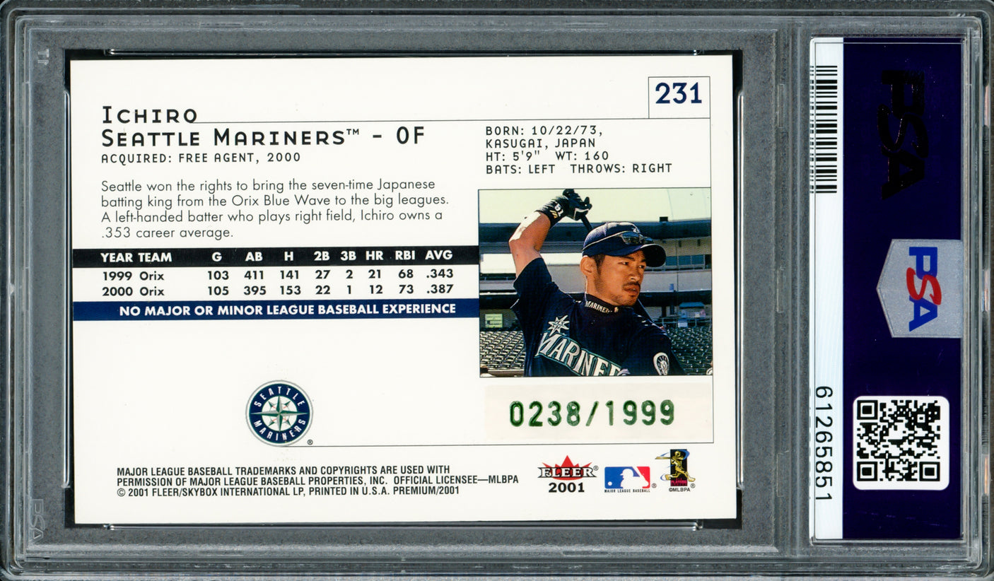 Ichiro Suzuki Autographed 2001 Fleer Premium Rookie Card #231 Seattle Mariners Auto Grade Gem Mint 10 #238/1999 PSA/DNA #61265851