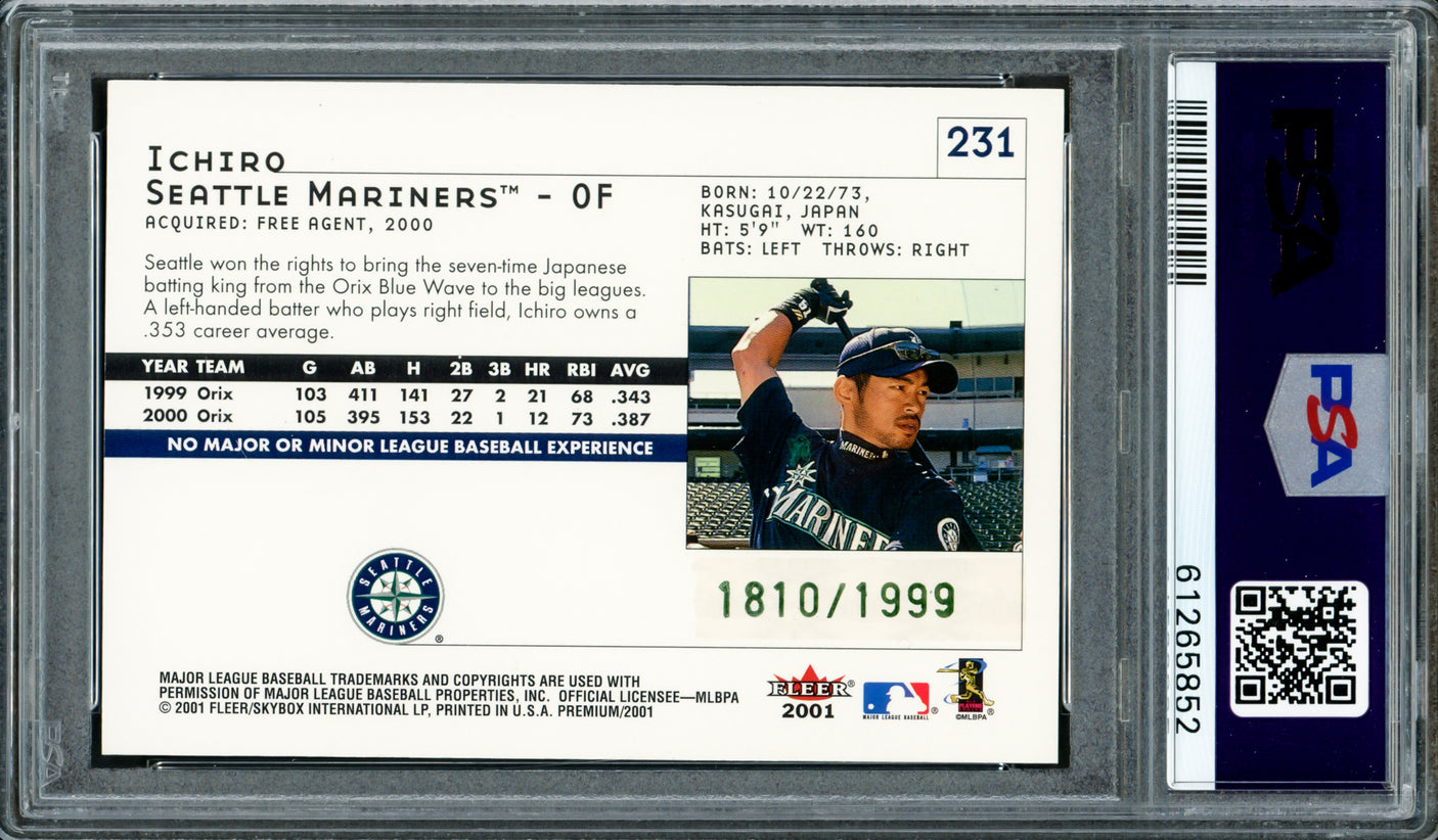 Ichiro Suzuki Autographed 2001 Fleer Premium Rookie Card #231 Seattle Mariners Auto Grade Gem Mint 10 #1810/1999 PSA/DNA #61265852