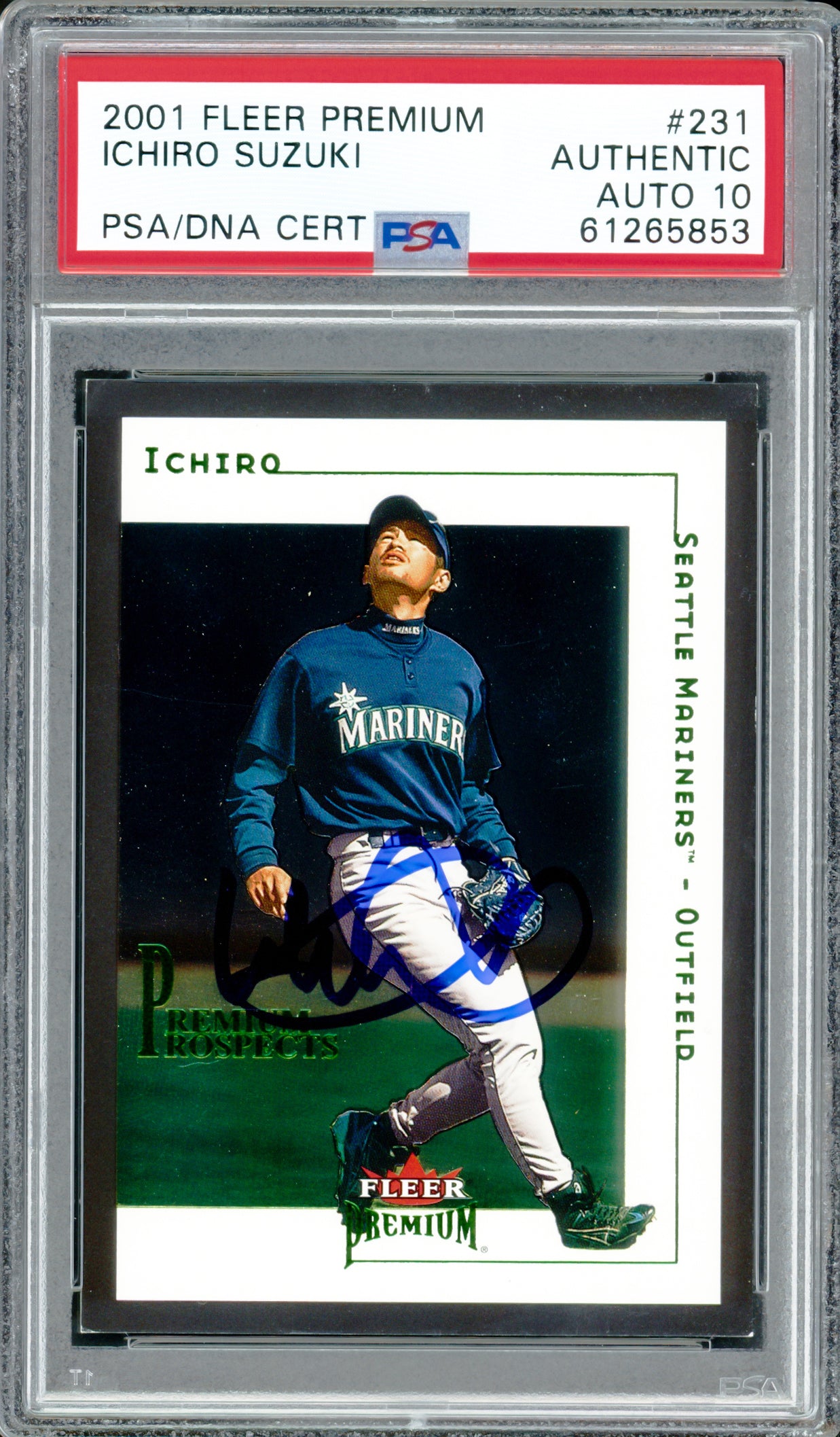 Ichiro Suzuki Autographed 2001 Fleer Premium Rookie Card #231 Seattle Mariners Auto Grade Gem Mint 10 #1816/1999 PSA/DNA #61265853