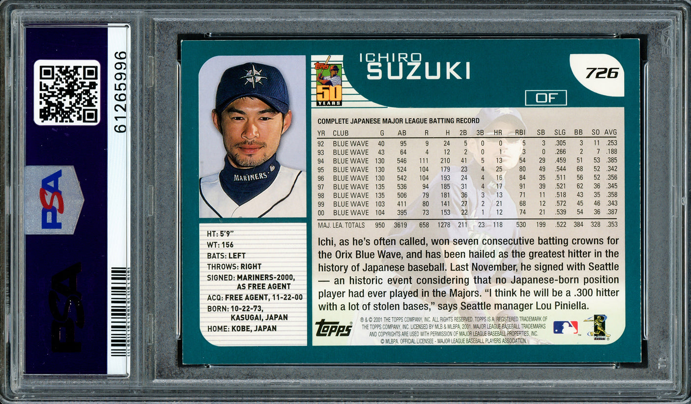 Ichiro Suzuki Autographed 2001 Topps Rookie Card #726 Seattle Mariners PSA 8 Auto Grade Gem Mint 10 PSA/DNA Stock #207424
