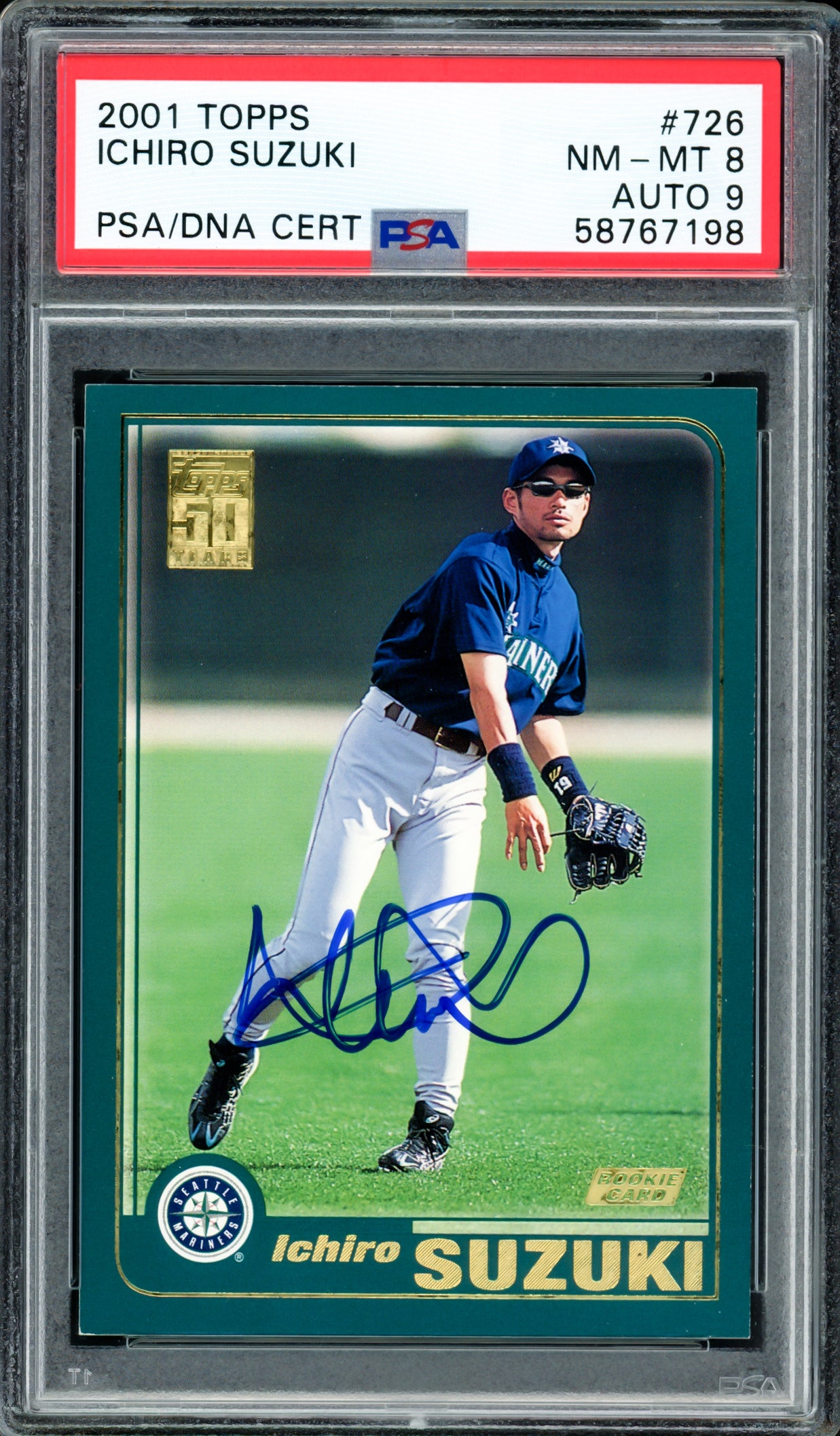 Ichiro Suzuki Autographed 2001 Topps Rookie Card #726 Seattle Mariners PSA 8 Auto Grade Mint 9 PSA/DNA Stock #207425