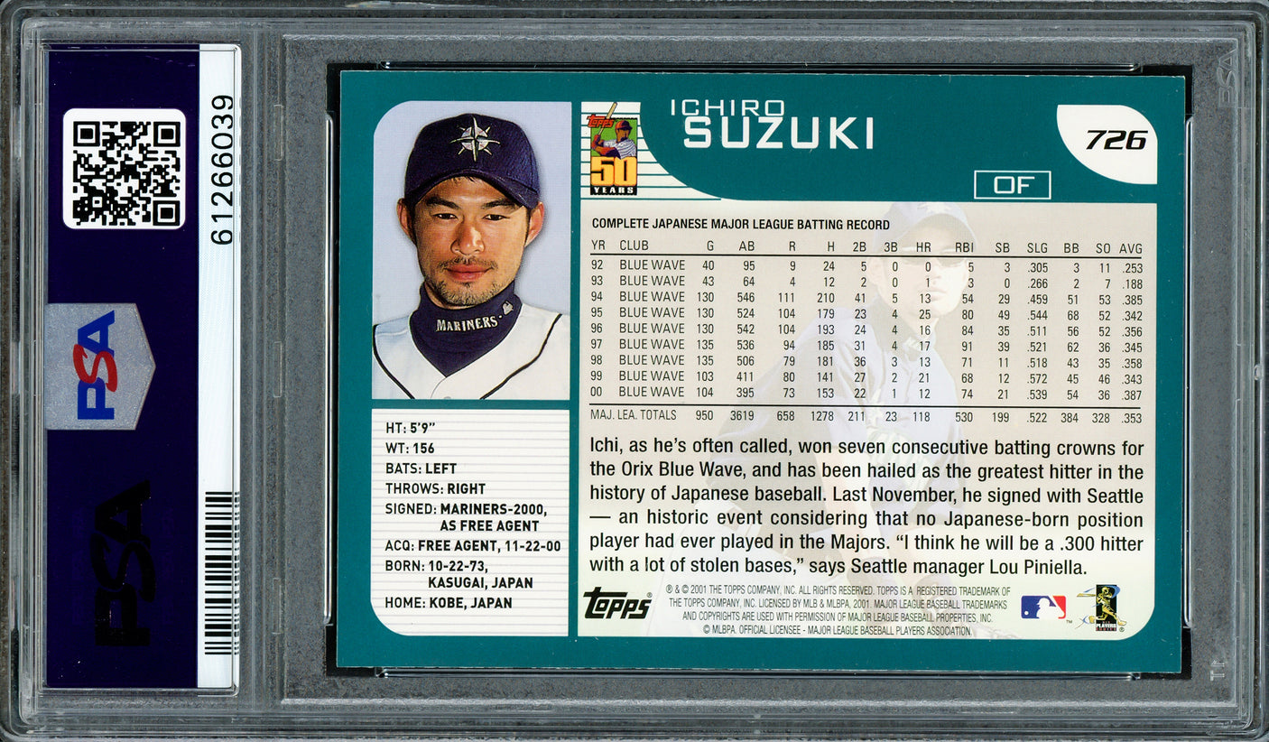 Ichiro Suzuki Autographed 2001 Topps Rookie Card #726 Seattle Mariners PSA 8 PSA/DNA Stock #207426