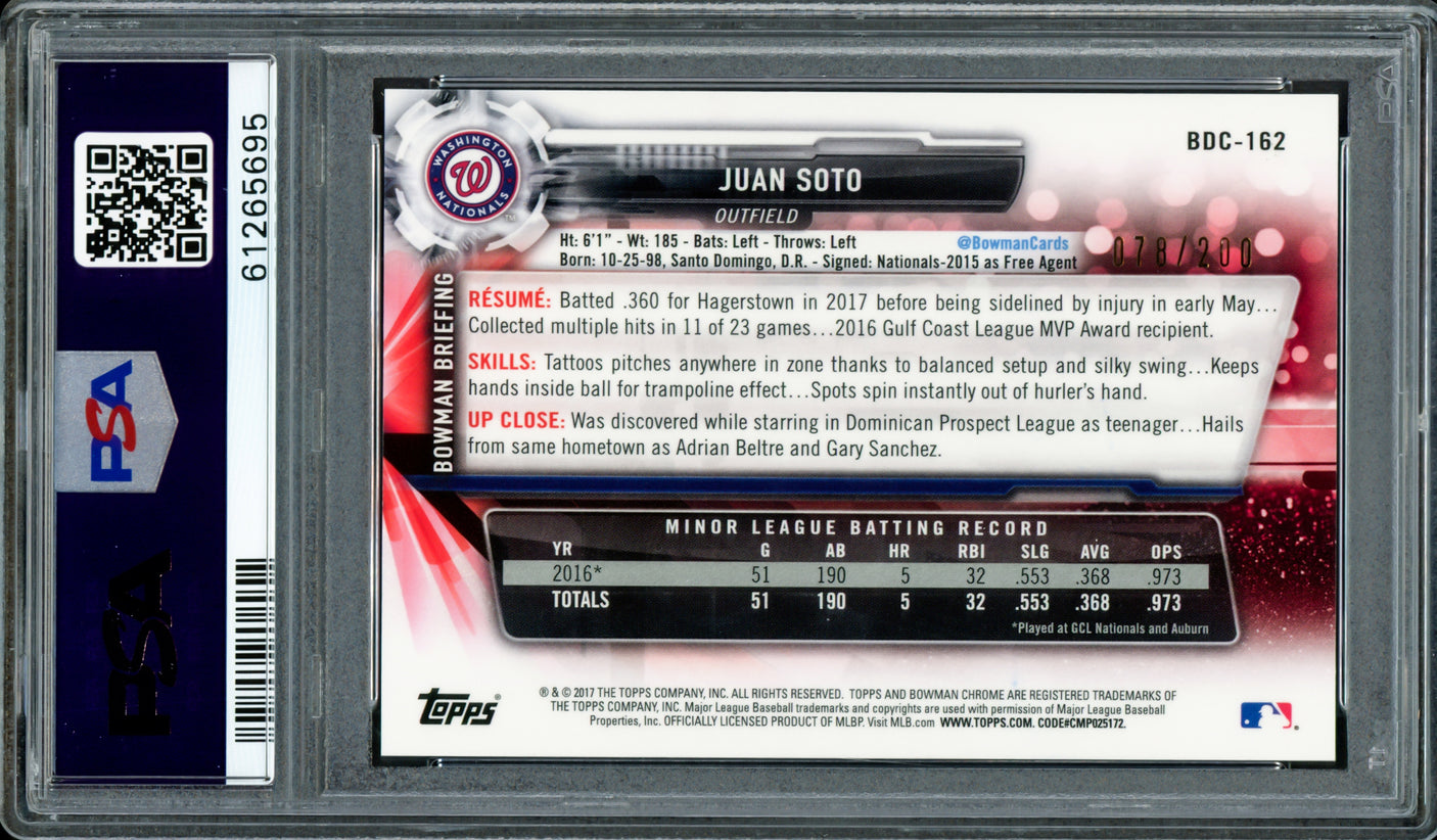 Juan Soto Autographed 2017 Bowman Draft Chrome 70th Refractor Rookie Card #BDC162 New York Mets PSA 9 (Bubbling) #78/200 PSA/DNA #61265695