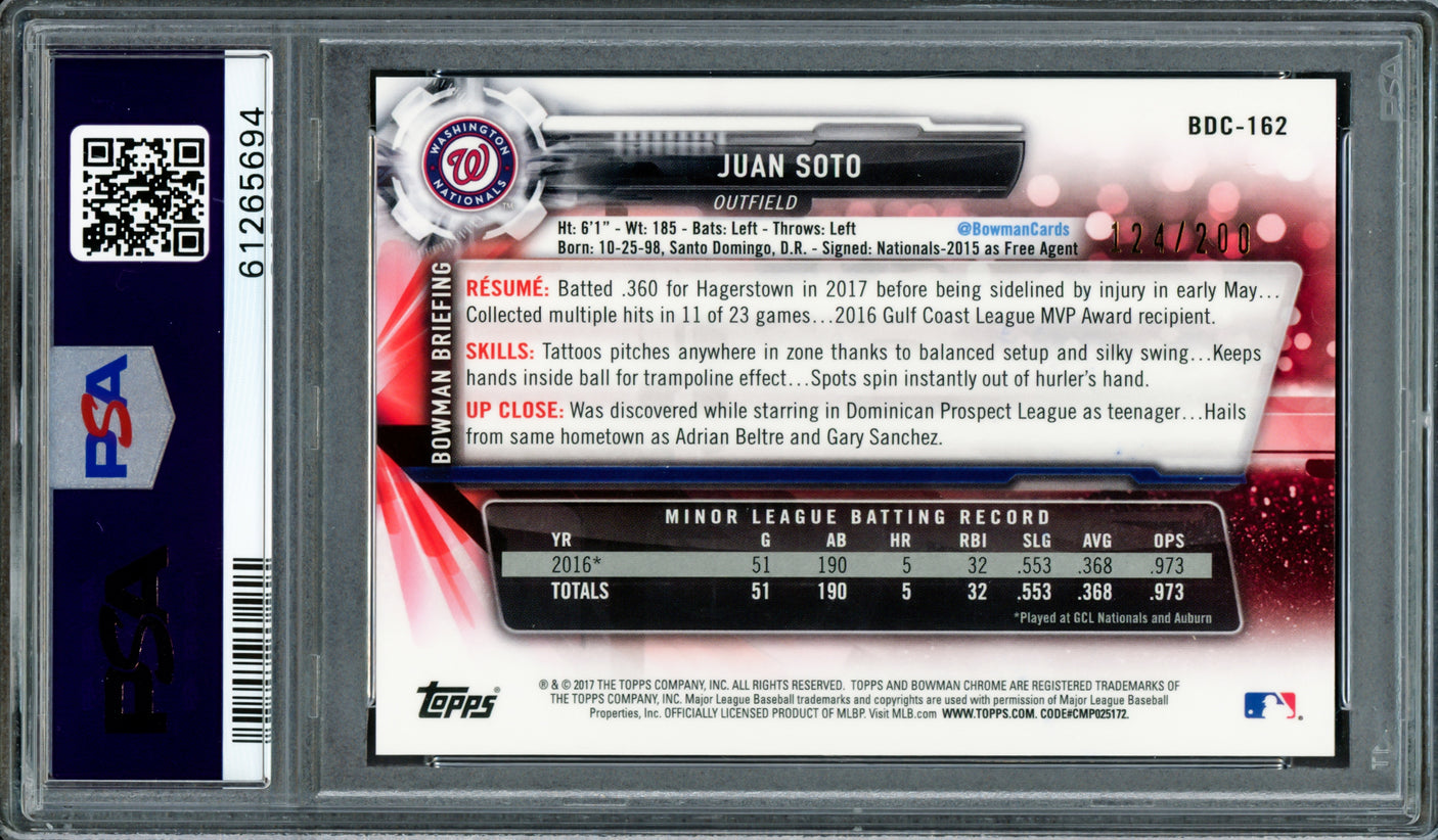 Juan Soto Autographed 2017 Bowman Draft Chrome 70th Refractor Rookie Card #BDC162 New York Yankees PSA 9 #124/200 PSA/DNA #61265694