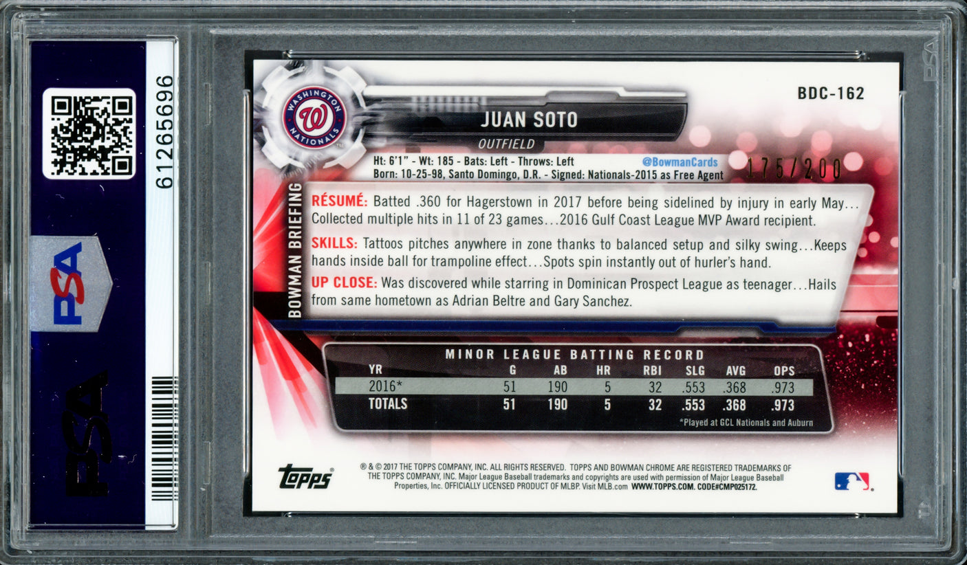 Juan Soto Autographed 2017 Bowman Draft Chrome 70th Refractor Rookie Card #BDC162 New York Yankees PSA 8 (Bubbling) #175/200 PSA/DNA #61265696