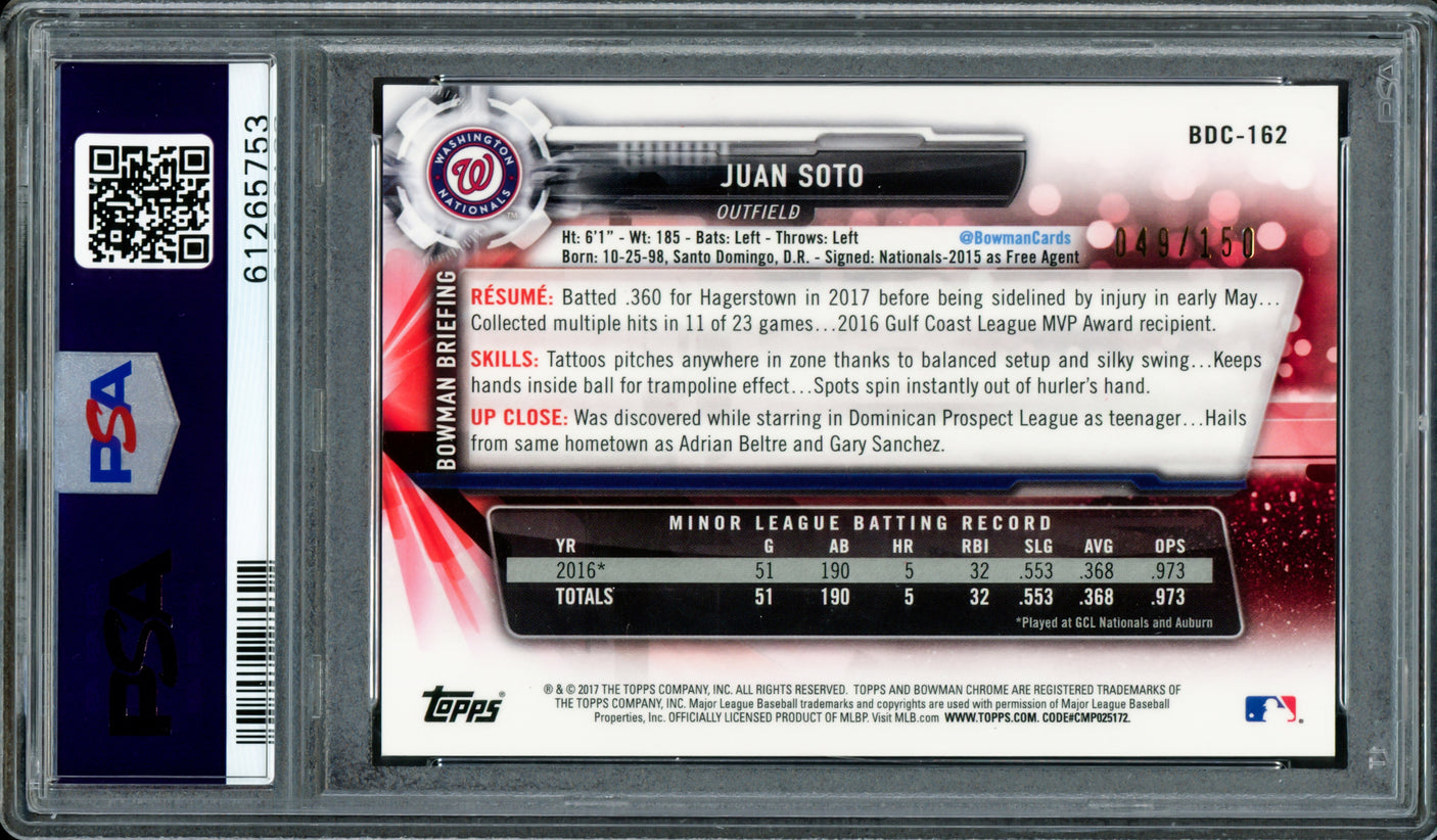 Juan Soto Autographed 2017 Bowman Draft Chrome Blue Refractor Rookie Card #BDC162 New York Mets PSA 9 "2019 WS Champs" #49/150 PSA/DNA #61265753