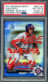 Juan Soto Autographed 2017 Bowman Draft Chrome Blue Refractor Rookie Card #BDC162 New York Mets PSA 8 Auto Grade Gem Mint 10 "2019 WS Champs" #36/150 PSA/DNA #61265752