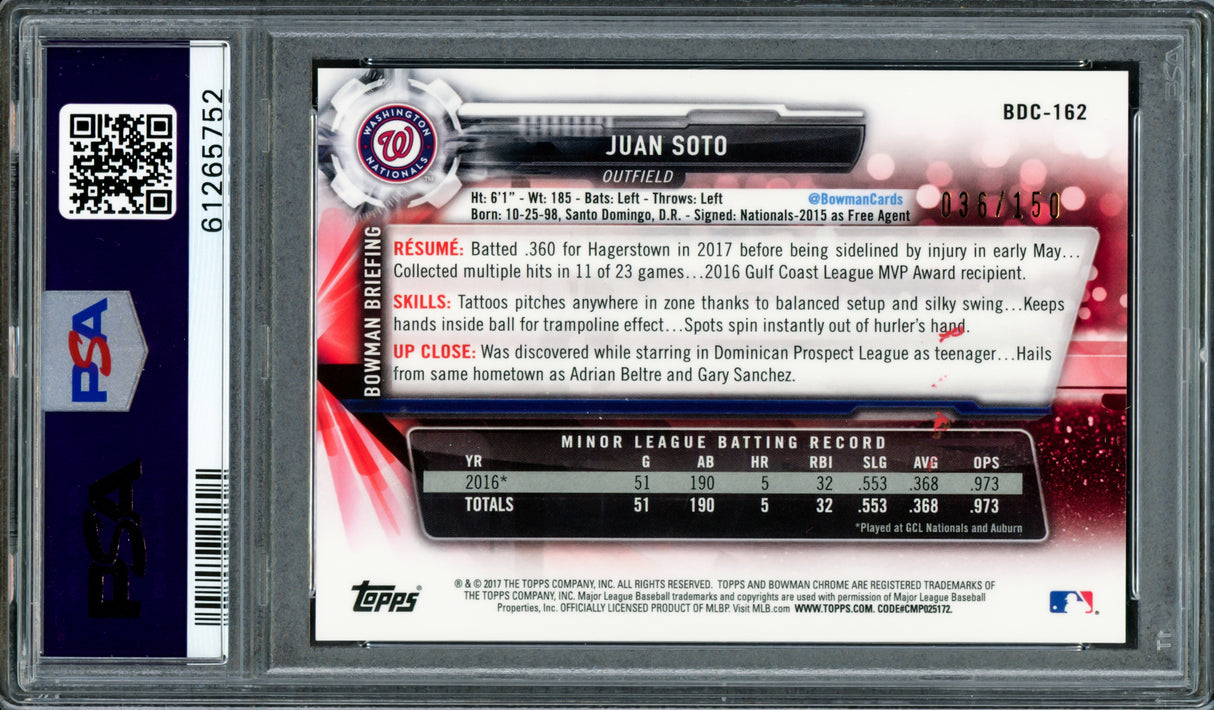 Juan Soto Autographed 2017 Bowman Draft Chrome Blue Refractor Rookie Card #BDC162 New York Mets PSA 8 Auto Grade Gem Mint 10 "2019 WS Champs" #36/150 PSA/DNA #61265752
