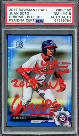 Juan Soto Autographed 2017 Bowman Draft Chrome Blue Refractor Rookie Card #BDC162 New York Mets PSA 8 "2019 WS Champs" #84/150 PSA/DNA #61265754