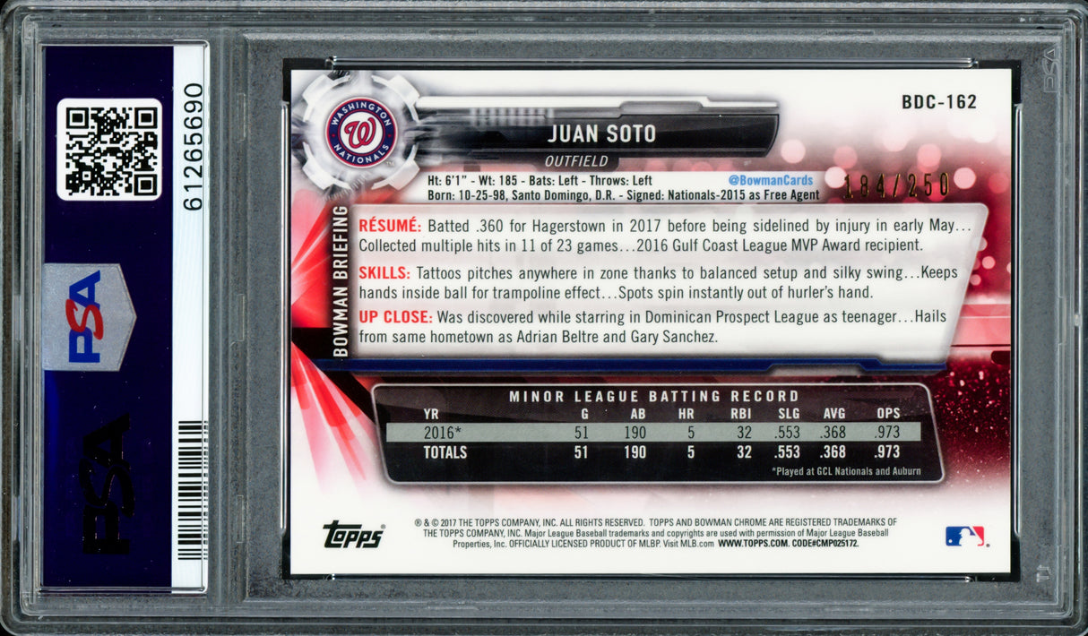 Juan Soto Autographed 2017 Bowman Draft Chrome Purple Refractor Rookie Card #BDC162 New York Mets PSA 9 #184/250 PSA/DNA #61265690
