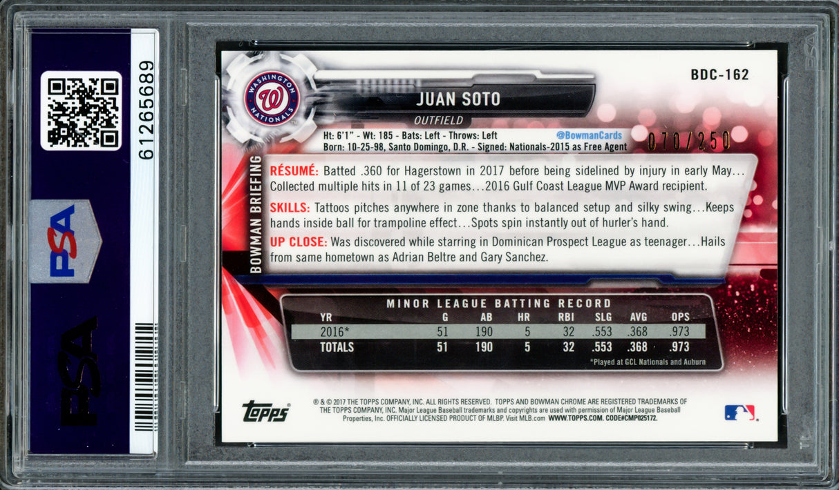 Juan Soto Autographed 2017 Bowman Draft Chrome Purple Refractor Rookie Card #BDC162 New York Mets PSA 9 #70/250 PSA/DNA #61265689