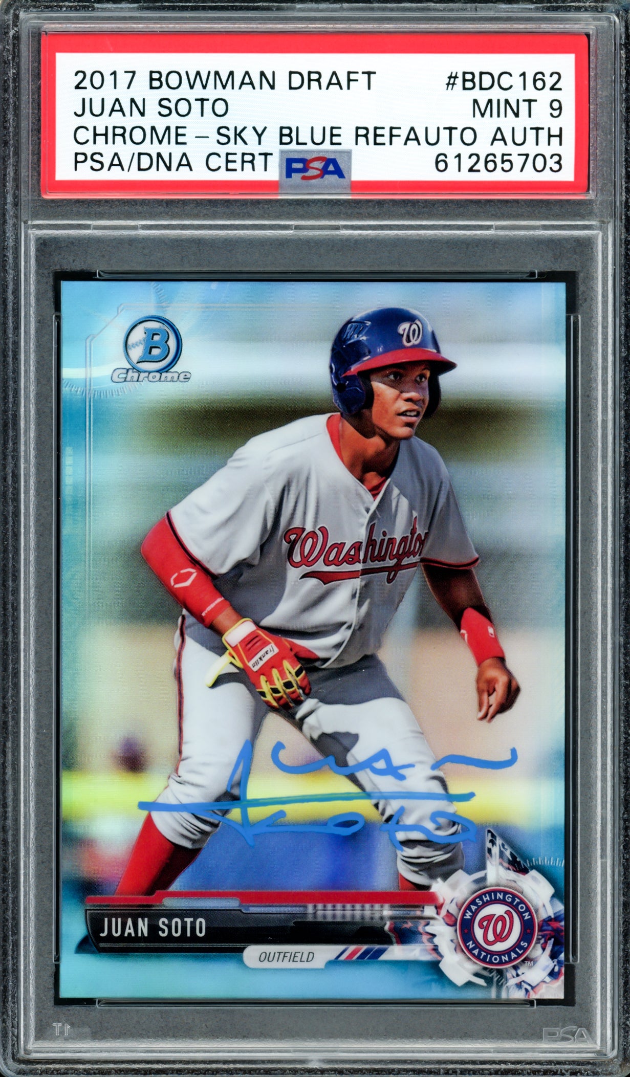 Juan Soto Autographed 2017 Bowman Draft Chrome Sky Blue Refractor Rookie Card #BDC162 New York Mets PSA 9 #50/399 PSA/DNA #61265703