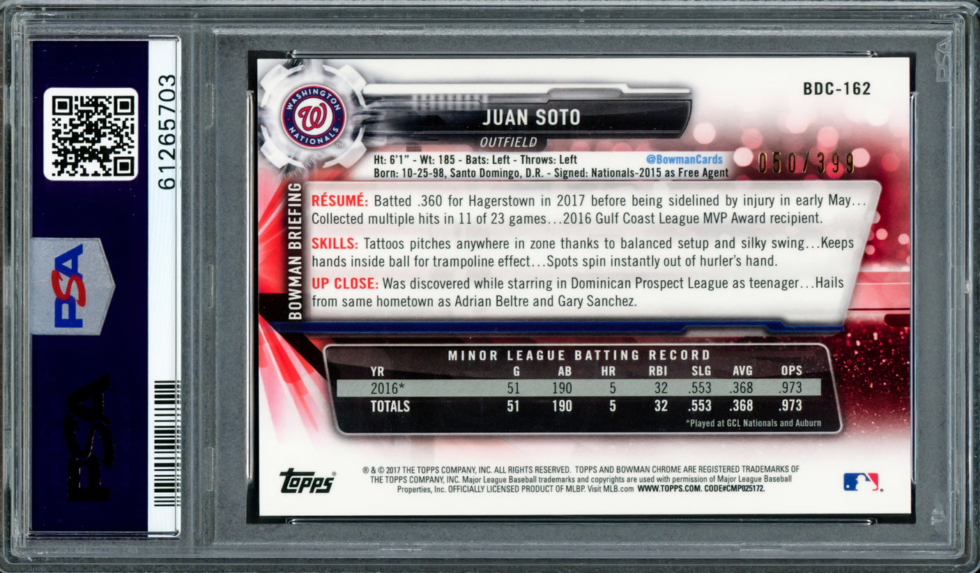 Juan Soto Autographed 2017 Bowman Draft Chrome Sky Blue Refractor Rookie Card #BDC162 New York Mets PSA 9 #50/399 PSA/DNA #61265703