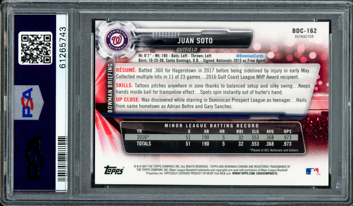 Juan Soto Autographed 2017 Bowman Draft Chrome Refractor Rookie Card #BDC162 New York Yankees PSA 9 Auto Grade Gem Mint 10 "2019 WS Champs" PSA/DNA #61265743