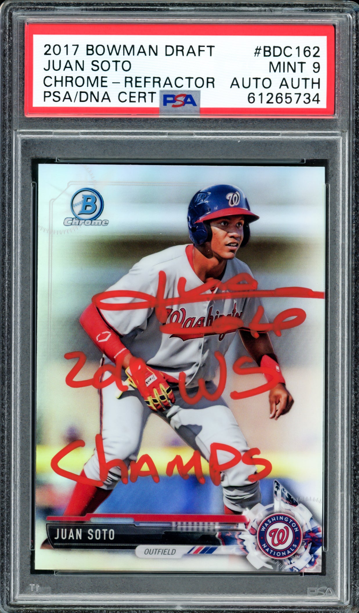 Juan Soto Autographed 2017 Bowman Draft Chrome Refractor Rookie Card #BDC162 New York Mets PSA 9 "2019 WS Champs" PSA/DNA #61265734
