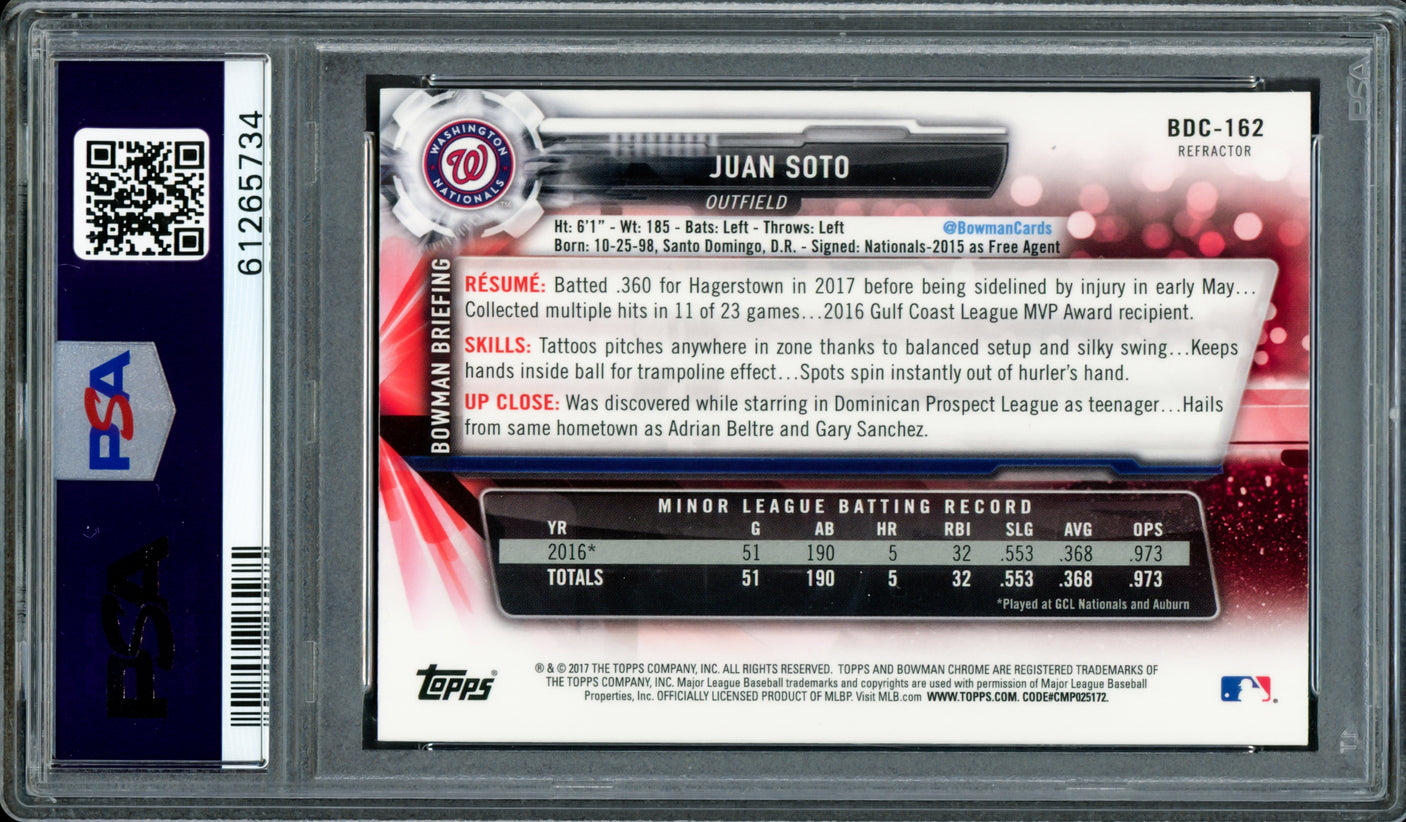 Juan Soto Autographed 2017 Bowman Draft Chrome Refractor Rookie Card #BDC162 New York Yankees PSA 9 "2019 WS Champs" PSA/DNA #61265734
