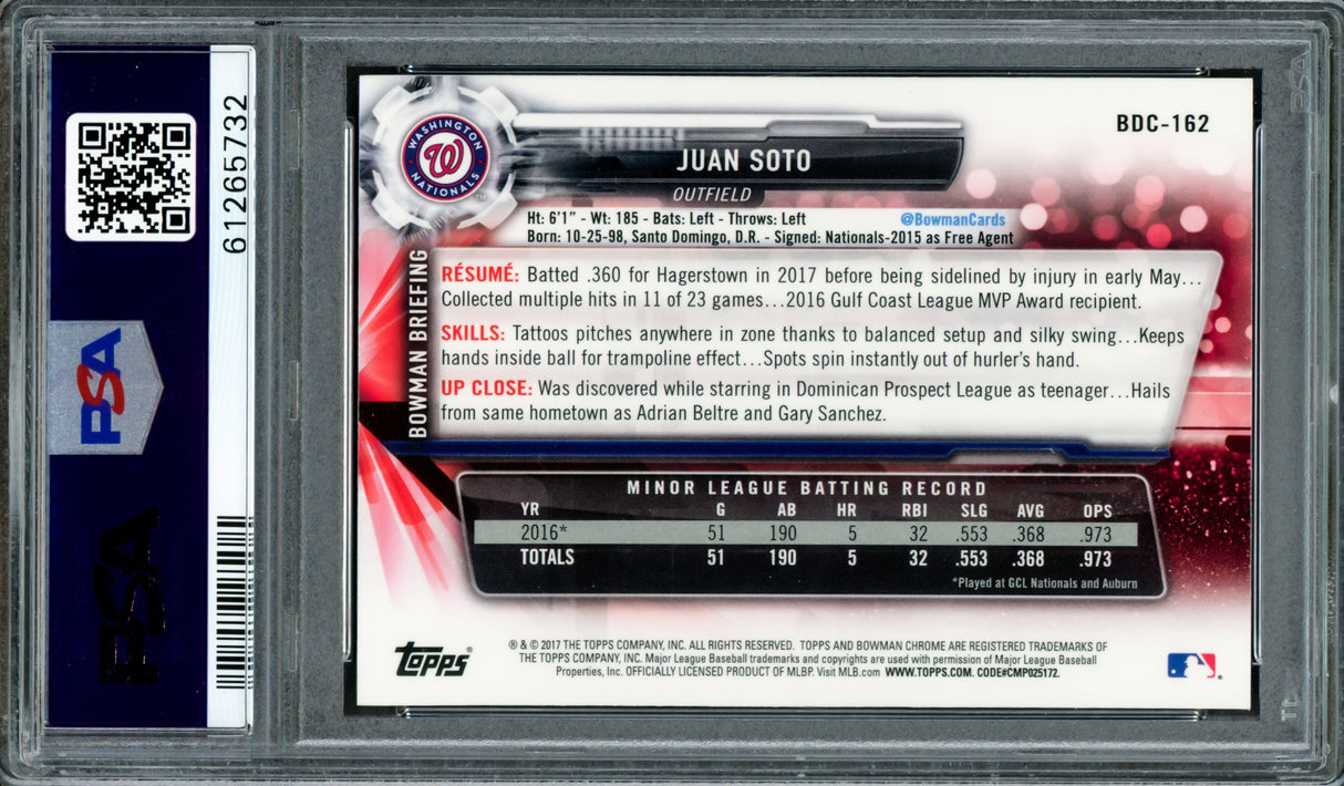 Juan Soto Autographed 2017 Bowman Draft Chrome Rookie Card #BDC162 New York Mets PSA 9 "2019 WS Champs" PSA/DNA #61265732