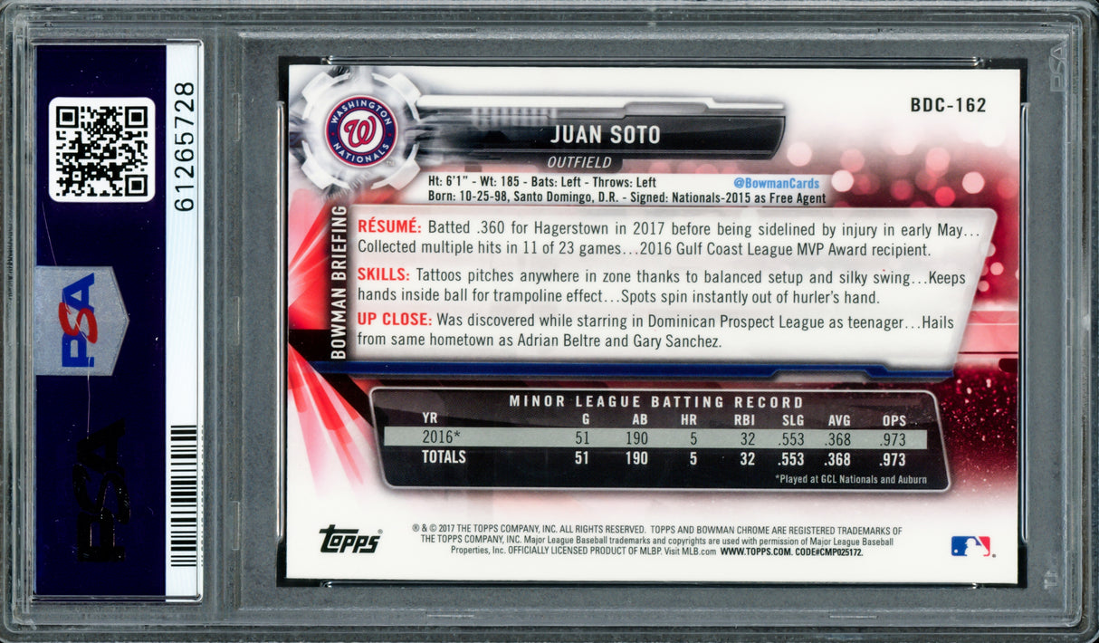 Juan Soto Autographed 2017 Bowman Draft Chrome Rookie Card #BDC162 New York Yankees PSA 9 "2019 WS Champs" PSA/DNA #61265728