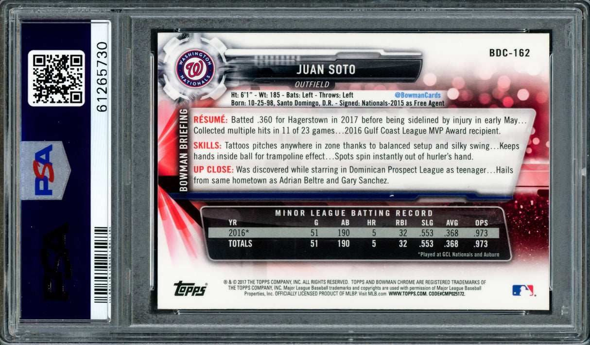 Juan Soto Autographed 2017 Bowman Draft Chrome Rookie Card #BDC162 New York Mets PSA 9 "2019 WS Champs" PSA/DNA #61265730